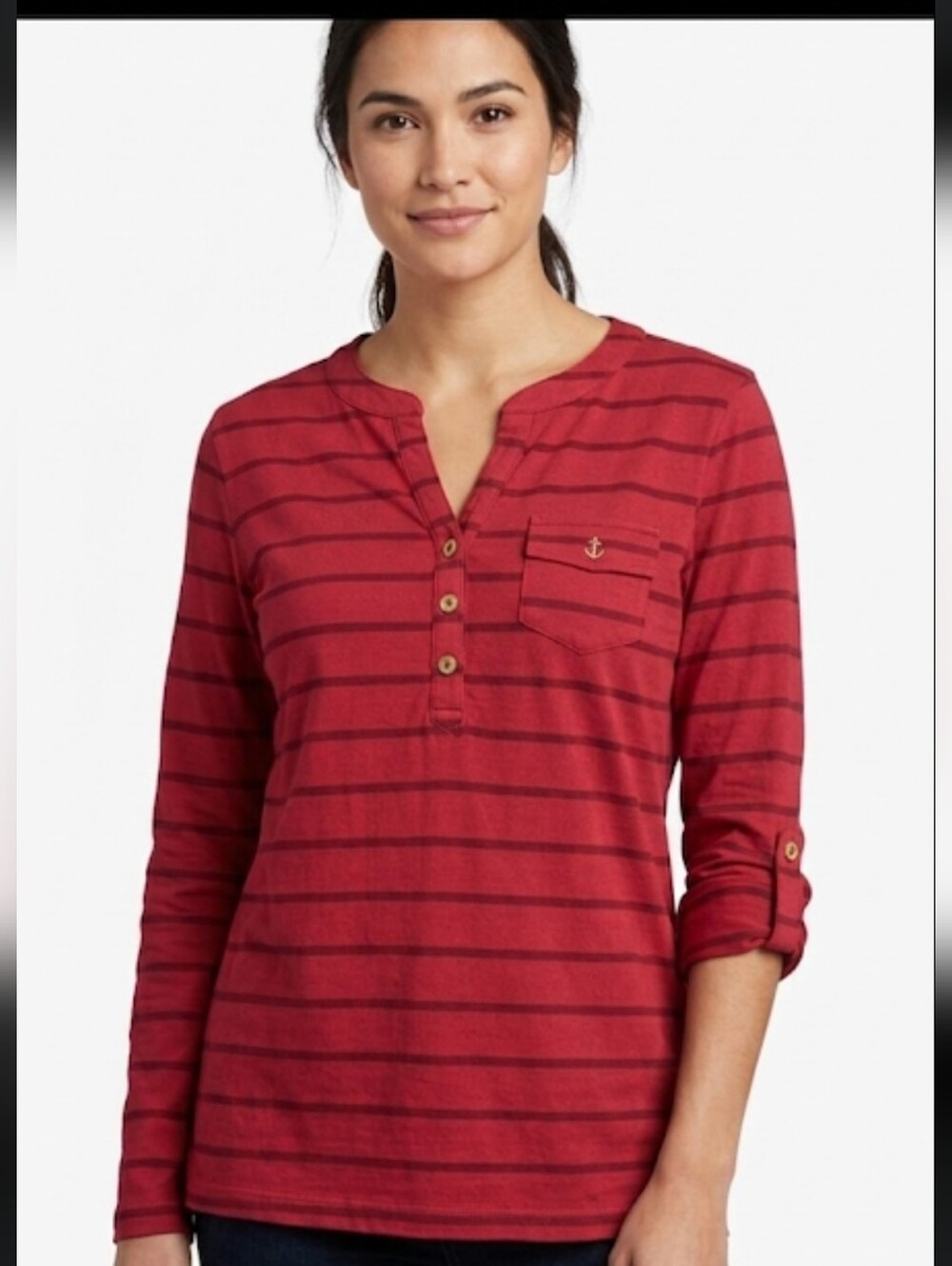 Tommy Hilfiger Nautica Style Red Striped Henley Long Sleeve Shirt